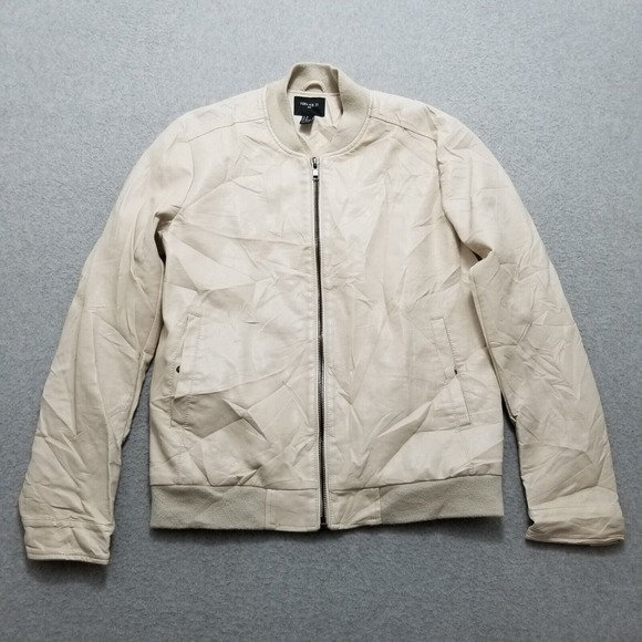 Forever 21 Jacket Mens Medium Ivory Zip‎ Polyurethane Faux Leather - Picture 1 of 12